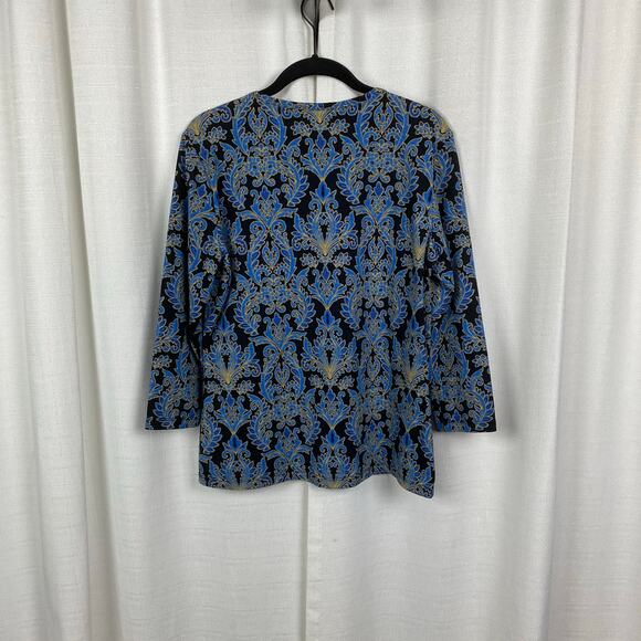 J.McLaughlin Black&Blue Leaf Print Catalina Cloth 3/4 Sleeve Blouse Sz.L - Picture 7 of 12